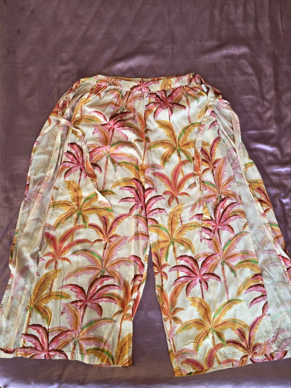Tropical Palm Print High Slit Palazzo Pants Beach Cover Up Wide Leg Flowy Size L